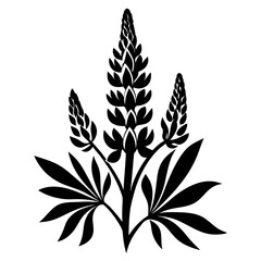 Elegant Black Silhouette of a Blooming Lupine Flower with Lush Green Leaves