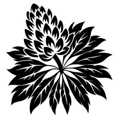 Stylized Black and White Illustration of a Unique Flower with a Pineconelike Bloom and Large FanShaped Leaves