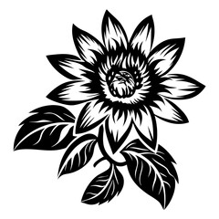 Black and White Illustration of a Sunflower with Detailed Petals and Leaves