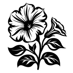 Elegant Black and White Floral Illustration of Petunias with Leaves