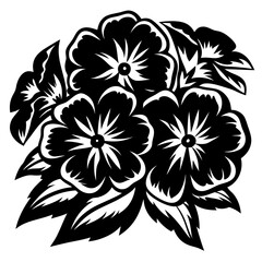 Black and White Illustration of a Bouquet of Flowers with Detailed Petals and Leaves