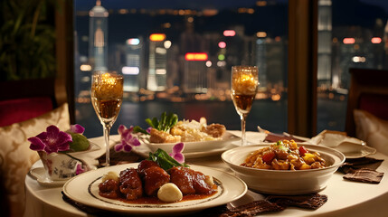 Fototapeta premium Elegant fine dining experience overlooking a cityscape at night from a restaurant