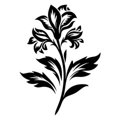 Elegant Black and White Floral Design Intricate Flower Stem Leaves Botanical Illustration