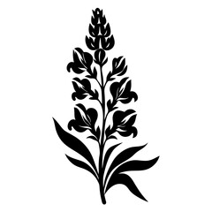Elegant Black and White Floral Illustration of a Single Flower Stem with Multiple Blossoms and Leaves