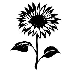 A Stunning Black and White Sunflower Illustration with Bold Leaves and Stem