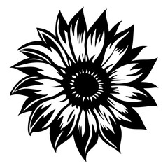 A striking black and white illustration of a stylized sunflower with bold petals and a dark center