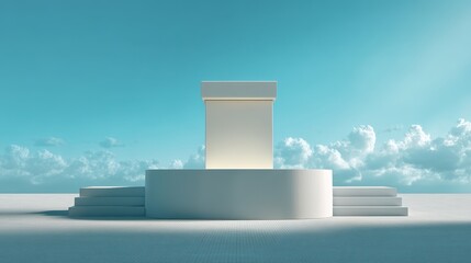 3D white cylindrical podium with cloud on sky,cotton candy and fluffy product display background,exhibition gallery display,vector,Product presentation realistic podium,platform,space for text.