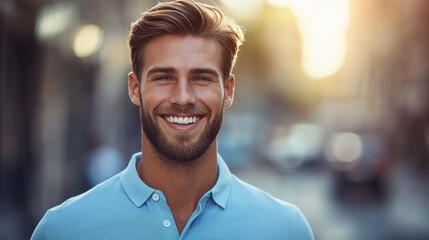 Fototapeta premium A handsome man with curly hair, wearing a blue polo shirt, stands outdoors with a slight smile