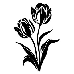 Elegant Black and White Silhouette of Two Tulips with Lush Leaves