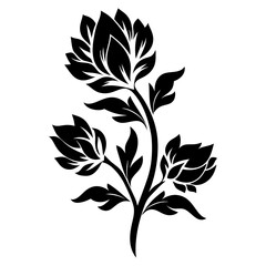 Elegant Black and White Floral Design with Three Flowers and Intricate Leaf Details