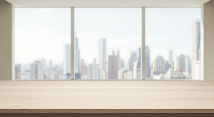 Cityscape View: Serene Wooden Table & Urban Panorama AI Generated