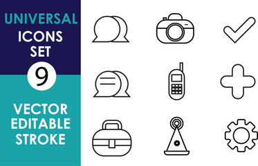 This image displays a set of 9 universal vector icons: chat bubbles, camera, check mark, speech bubbles, phone, plus sign, briefcase, antenna, and gear