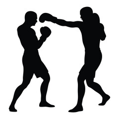 Obraz premium Two Boxers Silhouette Sparring with Gloves in Action, Transparent Background Design
