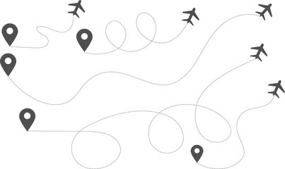 Airplane line path icon set. air plane route dash line route with location pin. plane symbol. airplane symbol
