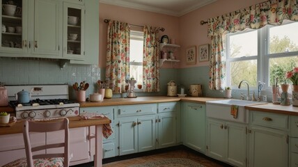 vintage-inspired kitchen with pastel appliances and floral curtains