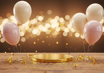 Elegant celebration setup with balloons, golden confetti, and bokeh lights on wooden table – warm festive background