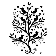Silhouette Tree of Birds and Hearts Illustration