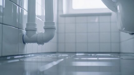 Plumber fixing toilet pipe under the floor. Featuring technical expertise and precision