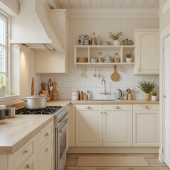 Fototapeta premium Aesthetic Scandinavian Kitchen Interior in Cream Color 