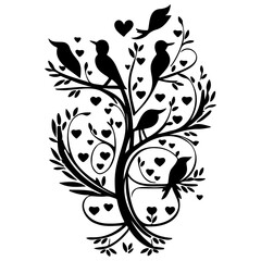 Silhouetted Birds on a Tree of Hearts Illustration