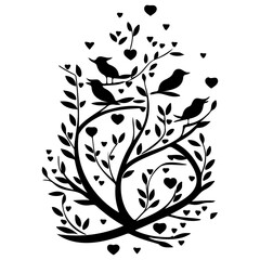 Birds Tree Silhouette with Hearts Black Design