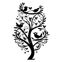 Stylized Bird Tree with Hearts Decoration design