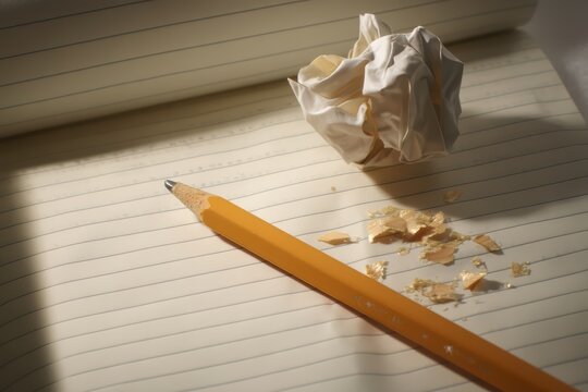 Realistic Still Life of Yellow Pencil, Shavings, and Crumpled Paper on Lined Sheet
