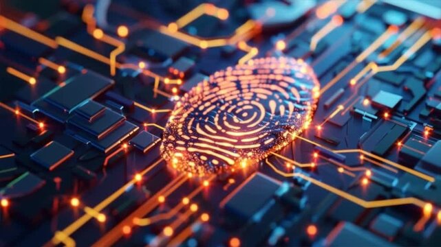A close-up view of a digital fingerprint on a circuit board, representing security and innovation in technology.