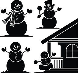 Snowman and House Line Art Silhouette | Winter Holiday Vector Set Minimal Snowman with Home Line Drawing | White Background Silhouette
