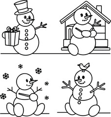 Snowman and House Line Art Silhouette | Winter Holiday Vector Set Minimal Snowman with Home Line Drawing | White Background Silhouette