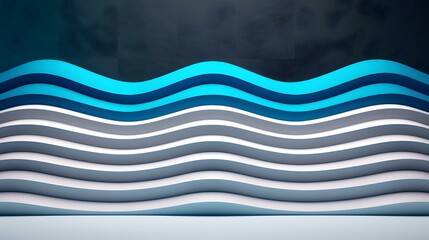 The image contains a series of wavy, layered stripes in shades of white and blue against a dark background.  The top two stripes are a vibrant teal, while the lower stripes gradually shift to a light