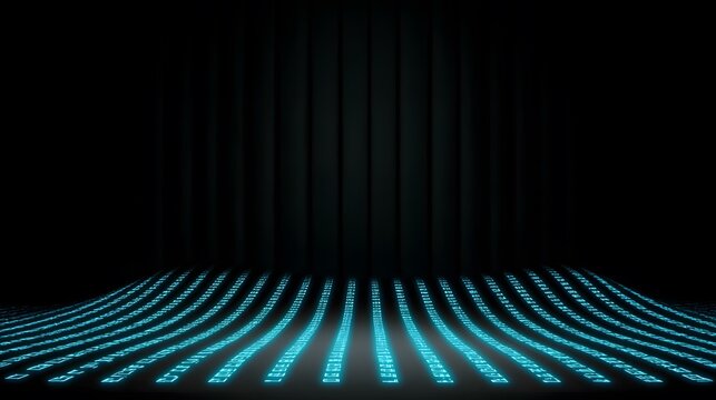 A dark background with vertical lines features a floor of glowing teal binary code that curves upward.