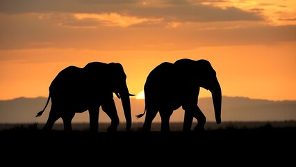 Fototapeta premium Silhouette of two elephants walking side by side. Delivering a message of family, protection, and love