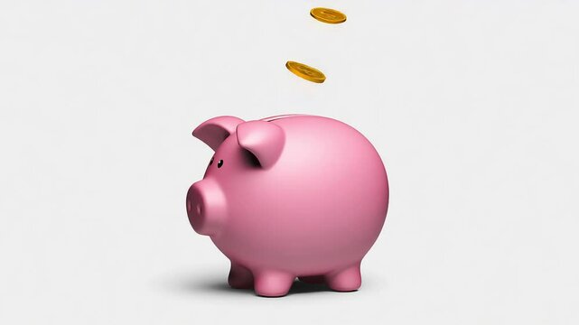 cute pink piggy bank with golden coins dropping inside