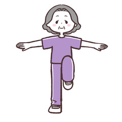 目を開け両手を広げ片足上げするシニア女性全身イラスト