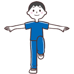 目を開け両手を広げ片足上げする男性全身イラスト