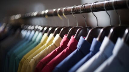 Chromatic Harmony: Shirts in Varied Hues Hung on a Rack in an Organized Fashion