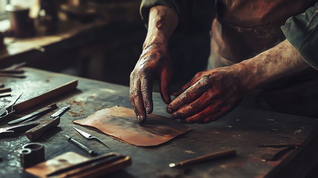 Craftsperson Working with Leather in Workshop Focusing on Hands and Tools - Powered by Adobe