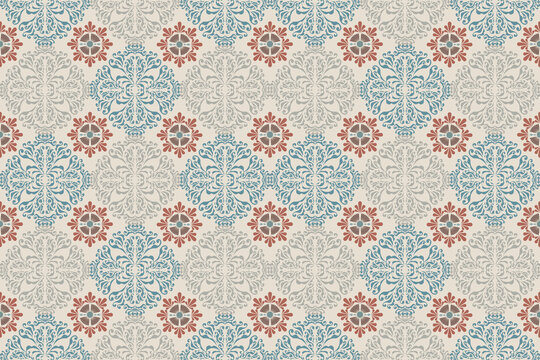 Damask vector seamless pattern. Ikat ornament. Ethnic South Western decor style. Ikat Boho geometric ornament. Vector seamless pattern. Mexican blanket, rug. Woven carpet