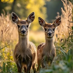 Fototapeta premium Two fawns in autumn field