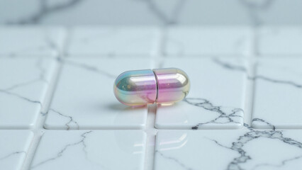 Iridescent Capsule on Marble Tiles