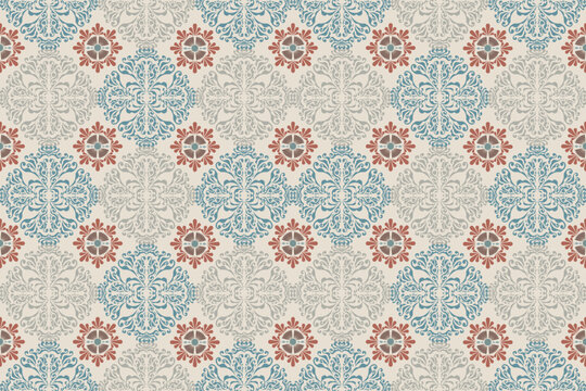 Damask vector seamless pattern. Ikat ornament. Ethnic South Western decor style. Ikat Boho geometric ornament. Vector seamless pattern. Mexican blanket, rug. Woven carpet