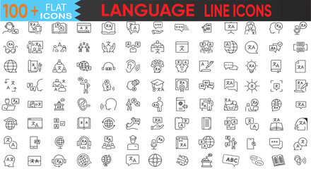 Language and Translation Line Icons Set — Global Communication, Learning, and Interpreter Symbols. Editable Stroke Vector Illustration