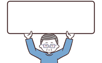 申し訳なさそうに看板掲げるメガネシニアイラスト