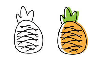 Tropical summer fruit pineapple isolated on white background. Pineapple cartoon cute icon. isolated element, Illustration for print, logo, banner. line art, png