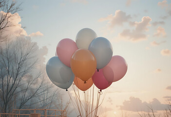 Fototapeta premium Bunch of Softly Colored Balloons Against a Dreamy Sky at Dusk