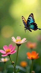 Beautiful spring background with blue butterfly in flight and flowers anemones in forest on nature. Delicate elegant dreamy airy artistic image harmony of nature. High quality photo