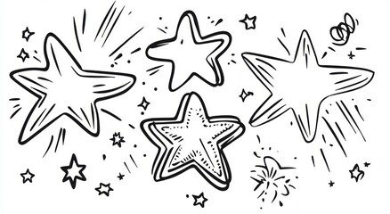 Hand-drawn black stars are depicted in a doodle style, incorporating elements of grunge scrawls, charcoal scribbles, rough brush strokes, and underlines, with bold freehand stars created using