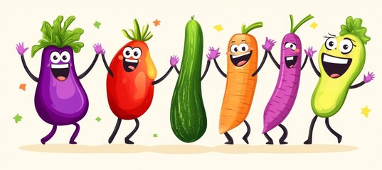 Fototapeta premium The sticker set showcases funny vegetables as retro cartoon characters with modern labels and hand-drawn comic mascots in a nostalgic 70s style