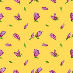 Pastel flowers seamless pattern isolated on gold. Pink magnolias watercolor background. Background with magnolias and leaves. Floral design for wedding